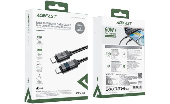 ACEFAST C15-03 1.2m USB-C to USB-C Charging Cable LED Power Display Braided Data Cord - Black